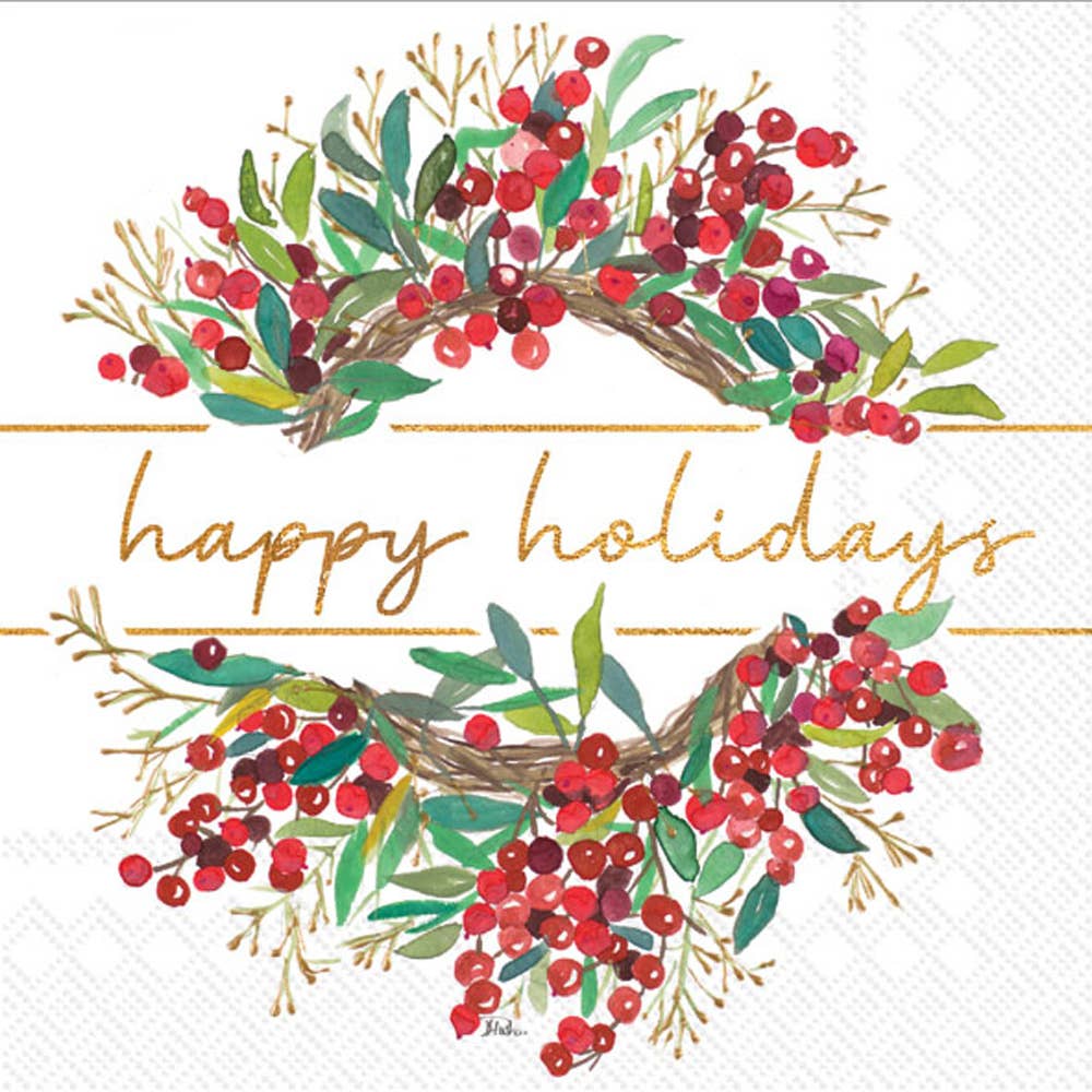 Cocktail Napkins-Happy Holidays Wreath Christmas