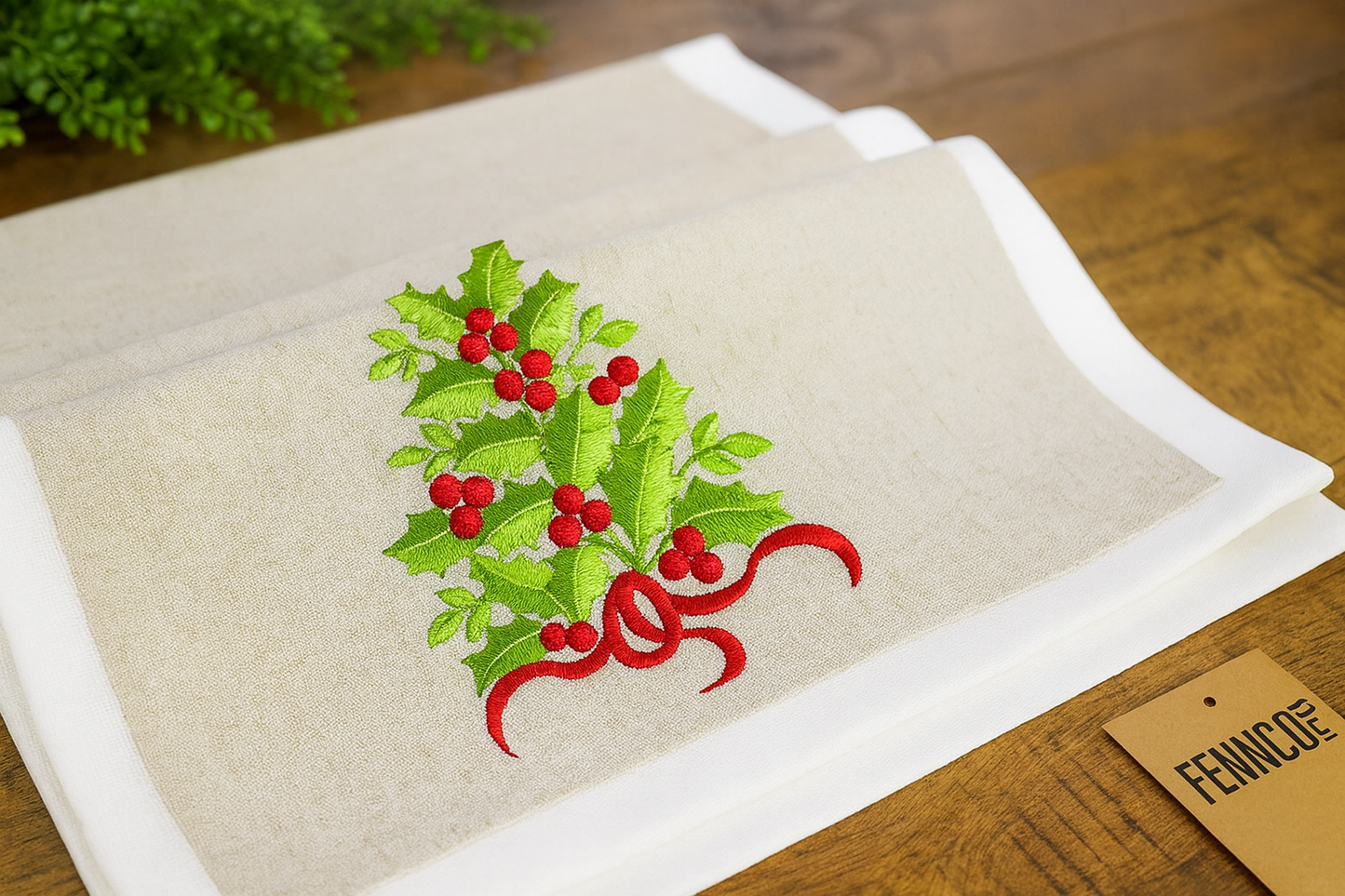 Embroidered Holly Tree Table Runner