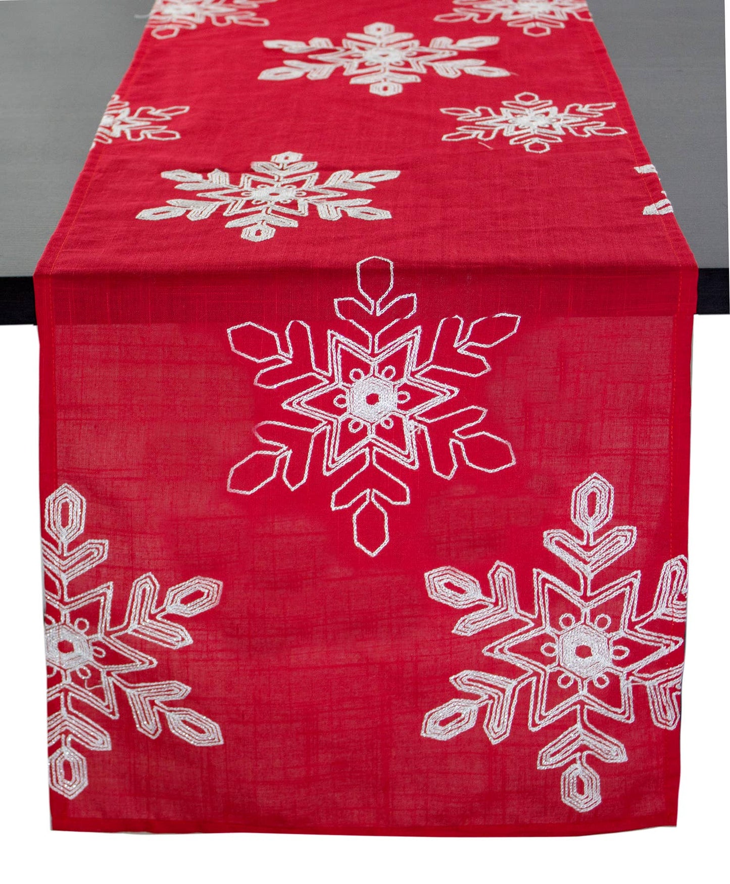 Embroidered White Snowflake Red Table Runner