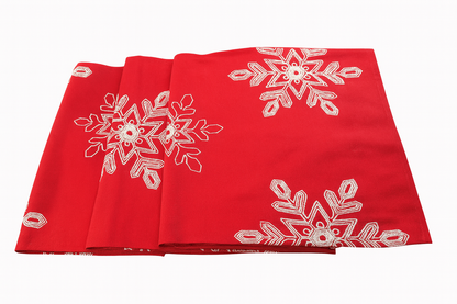 Embroidered White Snowflake Red Table Runner