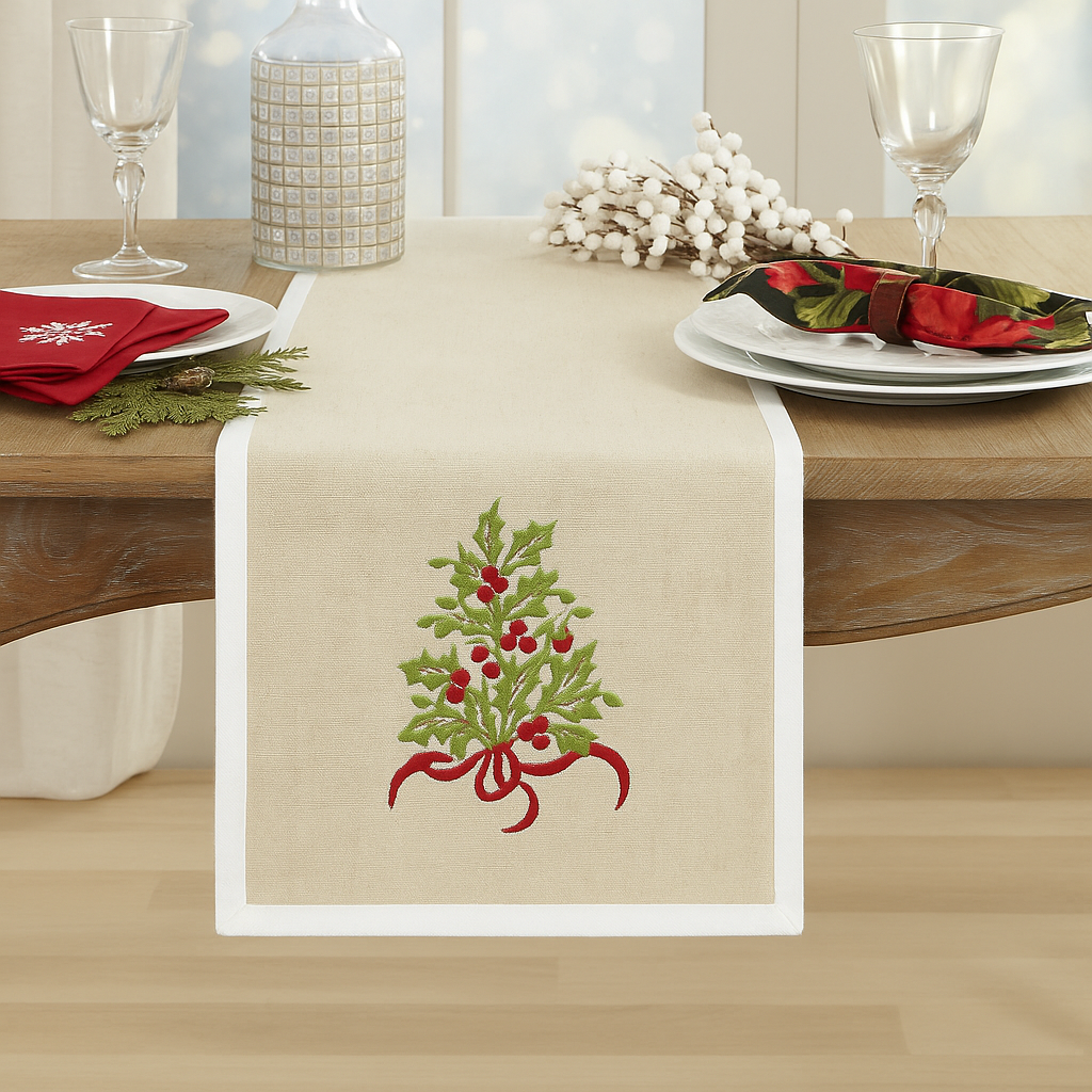 Embroidered Holly Tree Table Runner