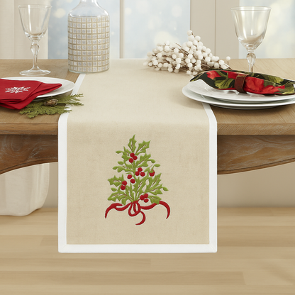Embroidered Holly Tree Table Runner