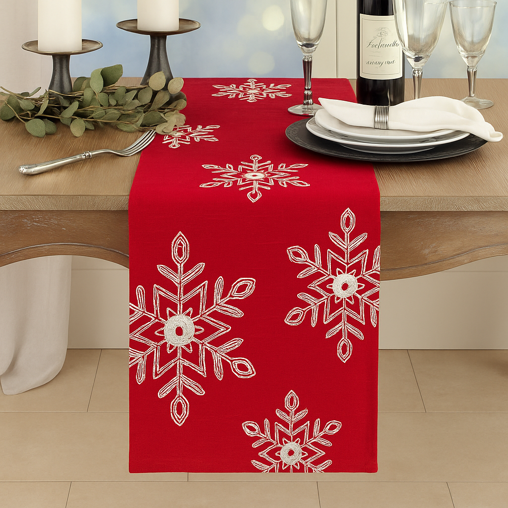 Embroidered White Snowflake Red Table Runner