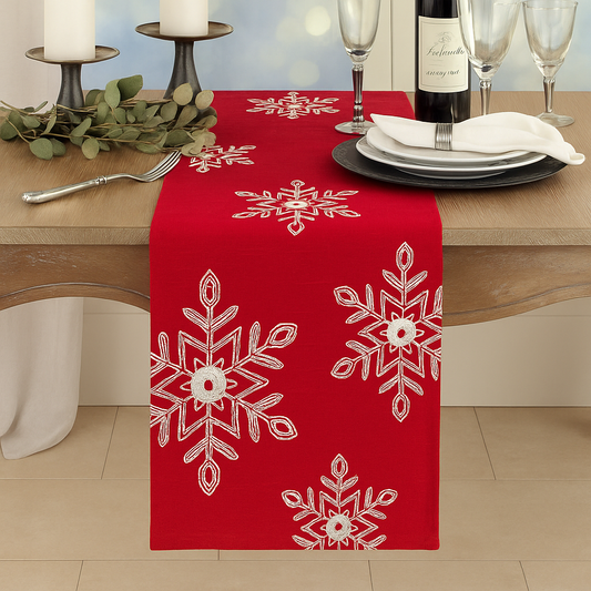 Embroidered White Snowflake Red Table Runner