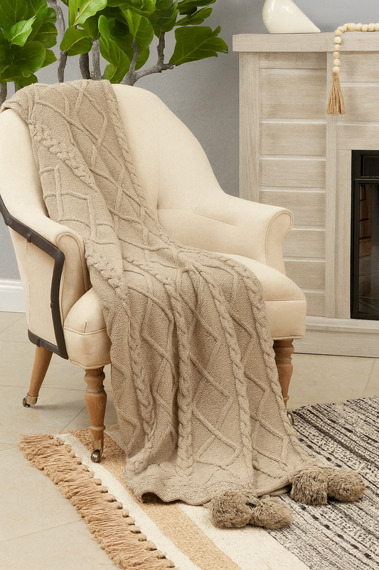 Taupe Cable Knit Throw Blanket