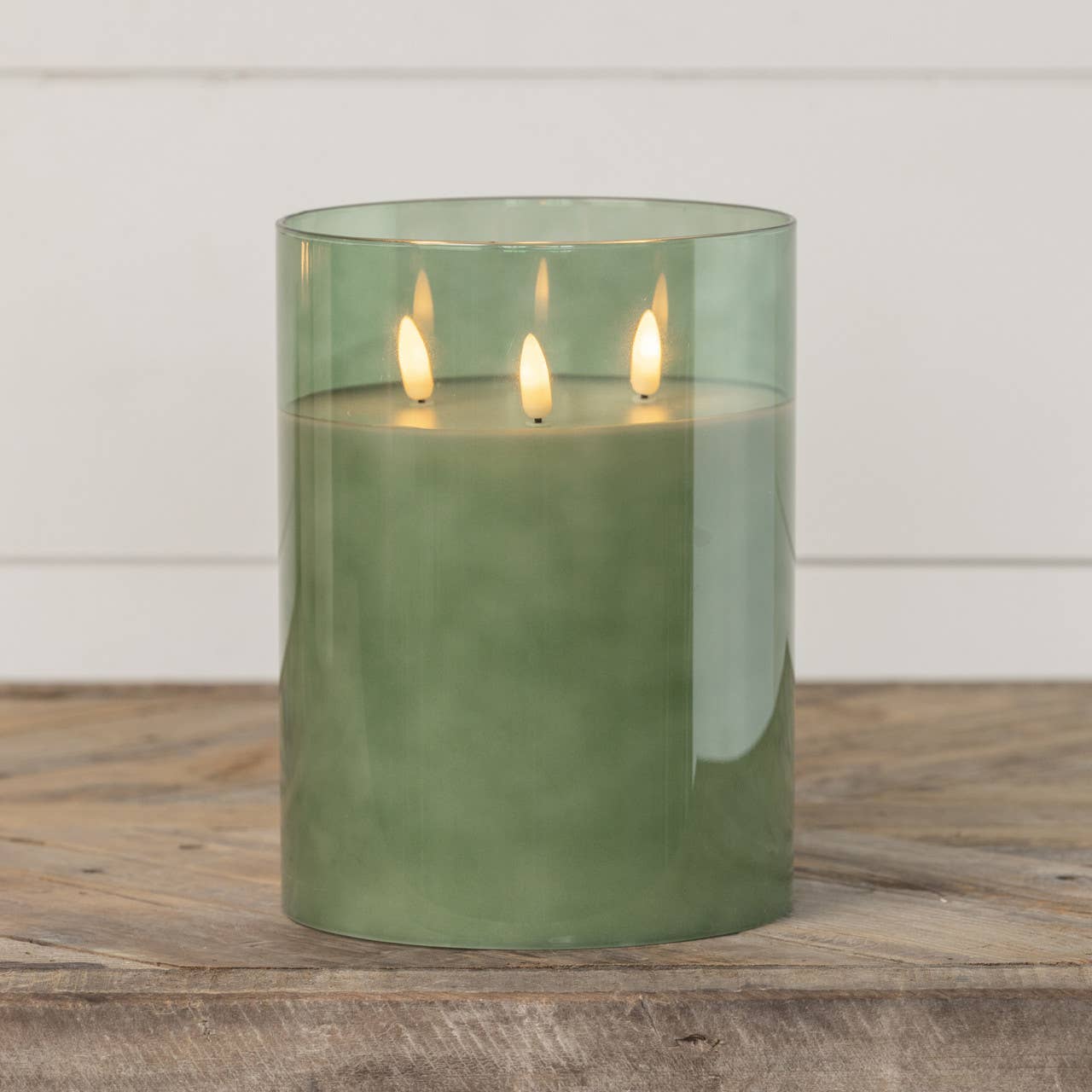 GREEN GLASS 3 WICK 3D FLAME CANDLE