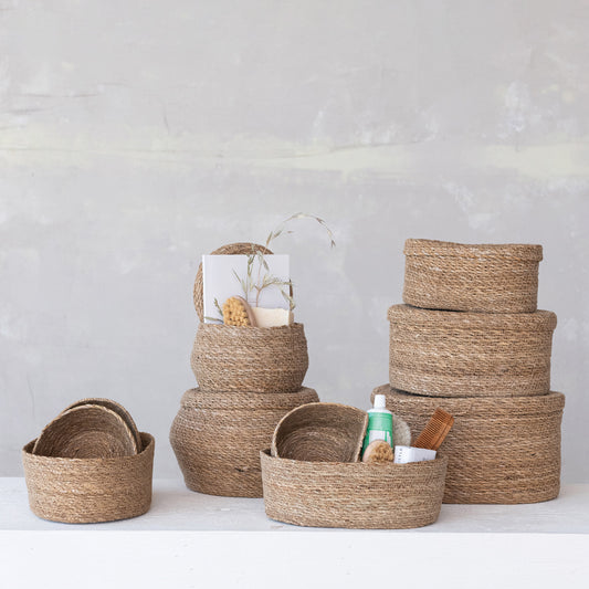 Oval Hand-Woven Seagrass Baskets with Lids