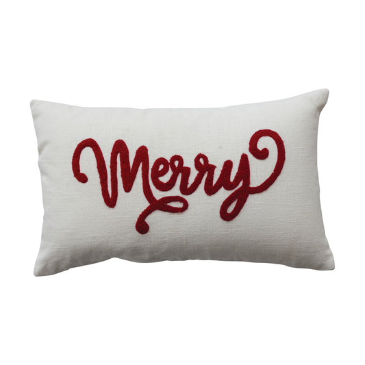 Embroidered "Merry" Lumbar Pillow
