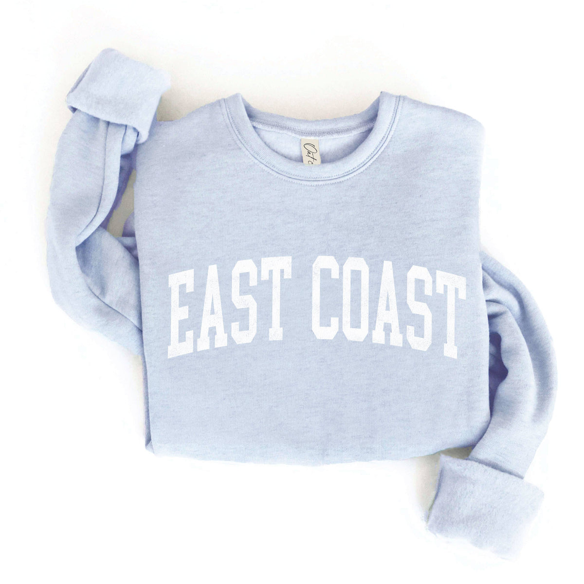 Light blue sweatshirt with 'EAST COAST' text on a white background