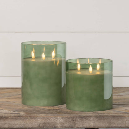 GREEN GLASS 3 WICK 3D FLAME CANDLE