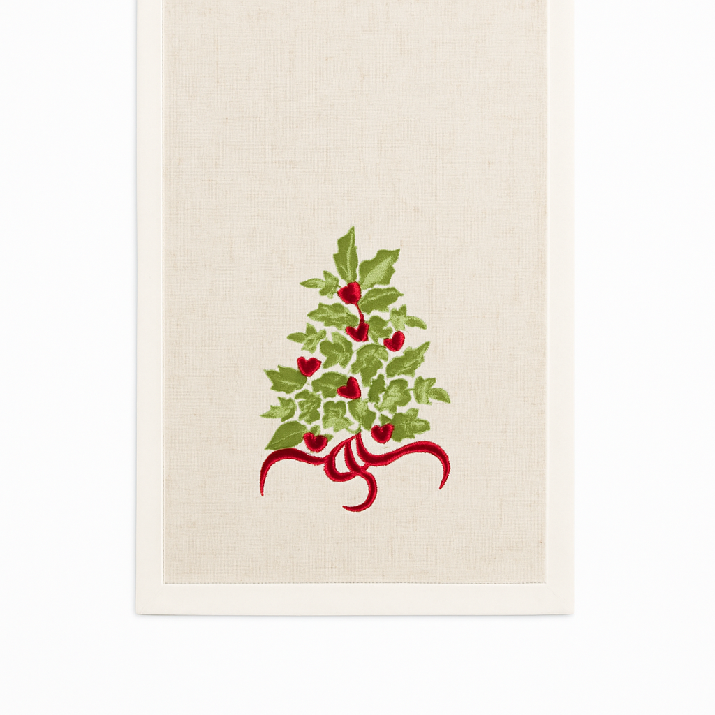 Embroidered Holly Tree Table Runner