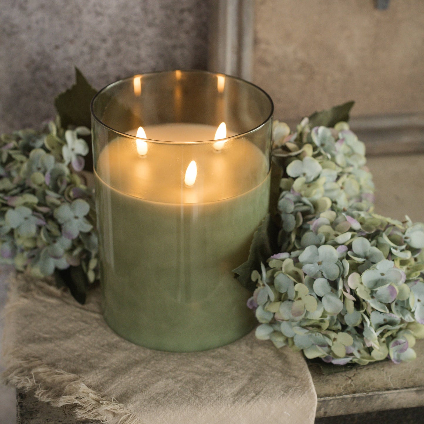 GREEN GLASS 3 WICK 3D FLAME CANDLE